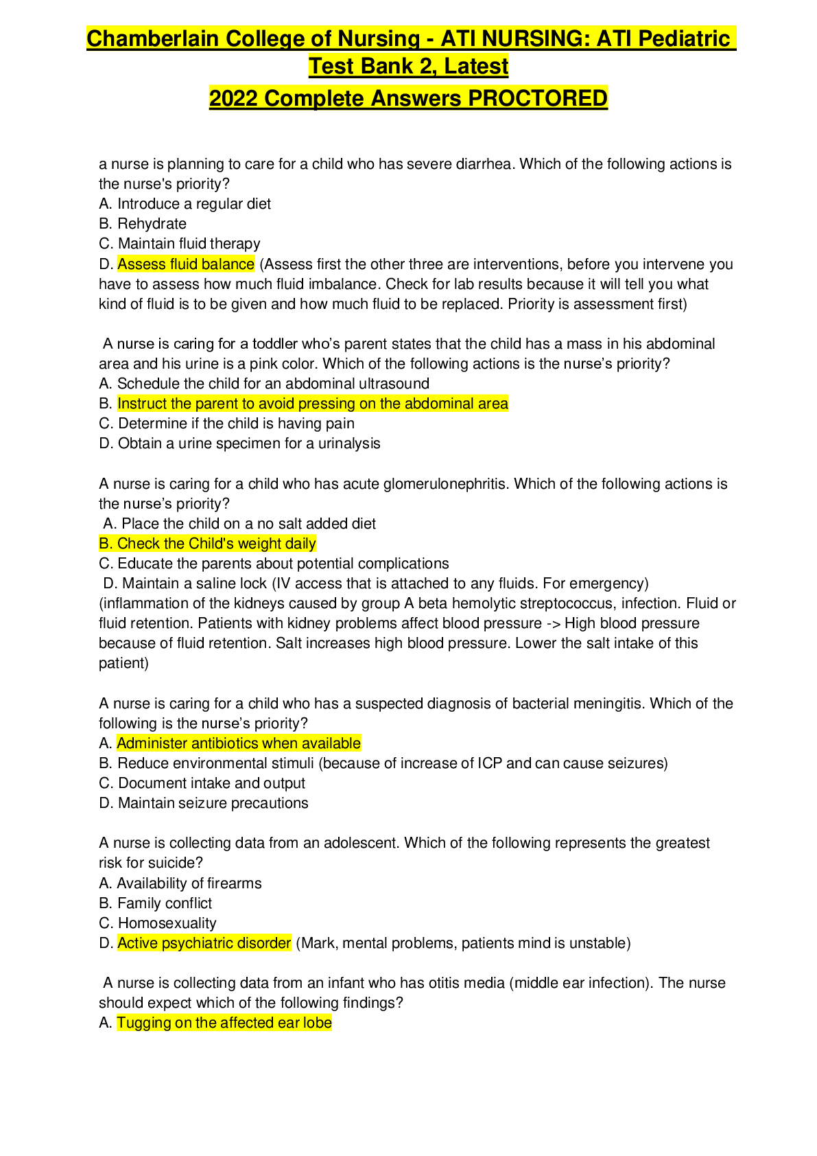 Preview of ATI Pediatric Test Bank 2, Latest 2022 Complete Answers PROCTORED.